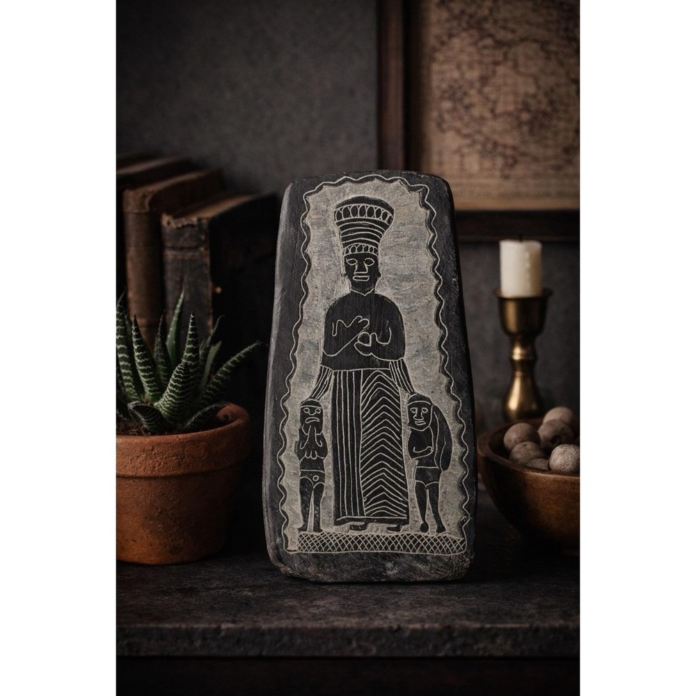 Carved Stone Plaque Folk Art Figure Primitive Relief Sculpture 5.5" Decor VTG